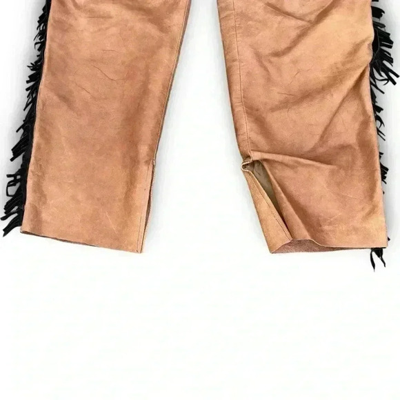 Vintage Western Brown Leather Pants Handmade Black Fringe 6P Straight Leg Chic - Picture 10 of 15